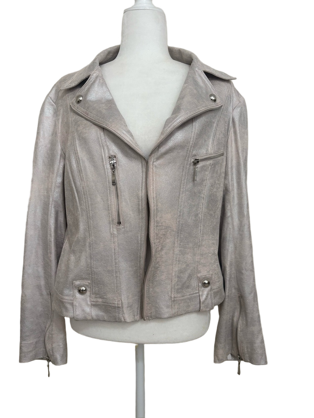 INSIGHT NY Pale Pink and Silver Liquid Leather Moto Jacket - Women